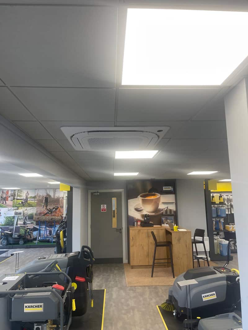 Ceiling cassette air conditioning, Newcastle upon Tyne Ceiling cassette air conditioning unit in a business showroom in Newcastle upon Tyne
